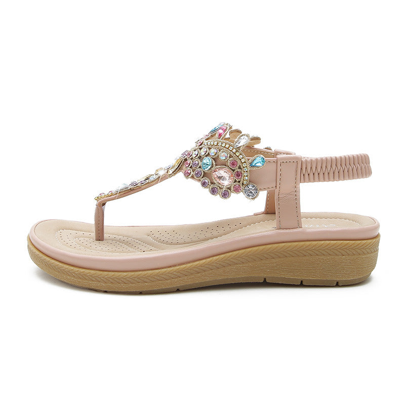 Bohemian L Fashion Rhinestone Flat Sandals Product information: Pattern: Ethnic Lining material: Microfiber Color: black, pink Upper height: low top Processing Method: spot drill Size: 36, 37, 38, 39, 40, 41 Sole craft: viscose shoes Sole material: rubber