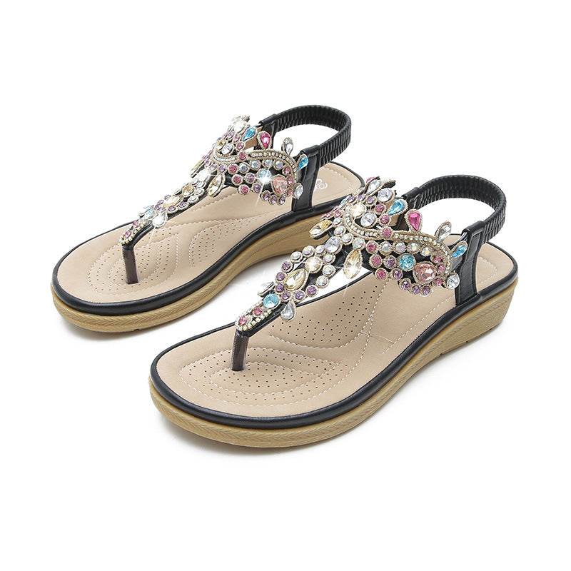 Bohemian L Fashion Rhinestone Flat Sandals Product information: Pattern: Ethnic Lining material: Microfiber Color: black, pink Upper height: low top Processing Method: spot drill Size: 36, 37, 38, 39, 40, 41 Sole craft: viscose shoes Sole material: rubber