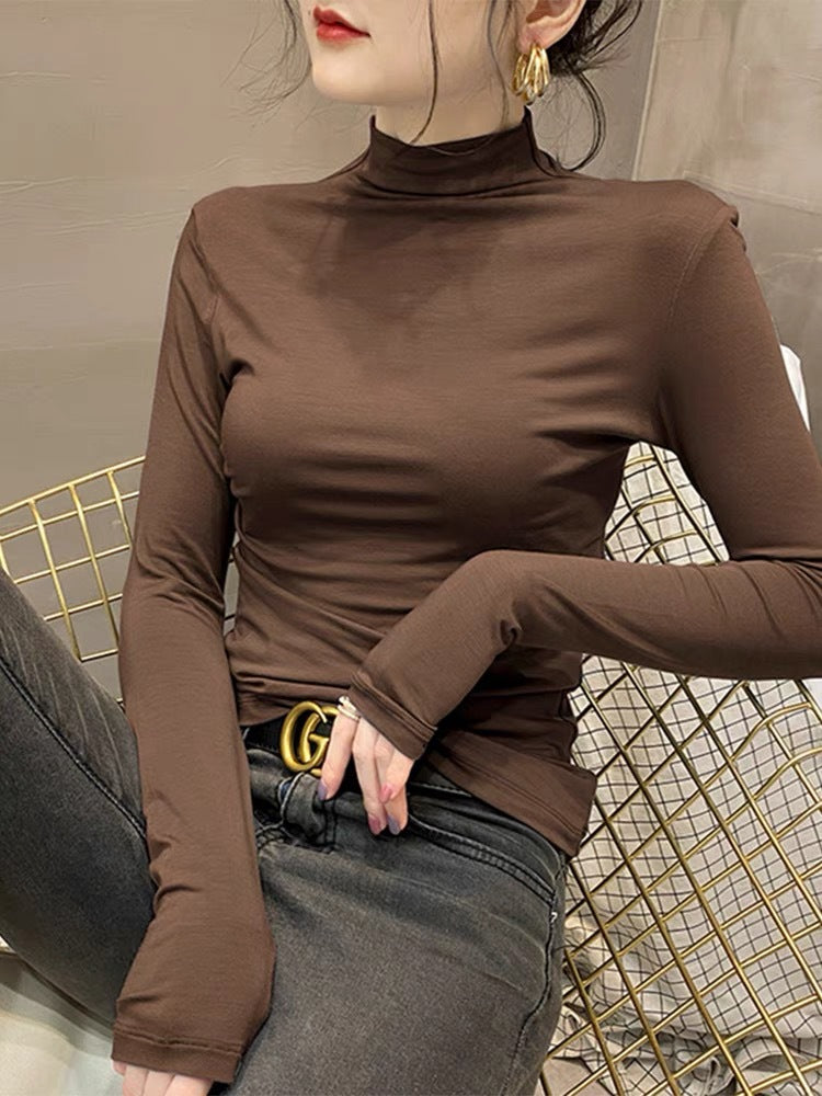 Half Turtleneck Bottoming Shirt Women's Inner Threaded Long Sleeve Cotton Top Product information: Fabric name: Cotton Color: black, green, gray, white, brown, dark yellow, khaki Sleeve type: regular sleeve Elasticity: high elasticity Main fabric composit