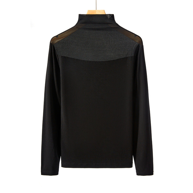 Autumn And Winter Half-high Collar Mesh Thin Transparent T-shirt Lace Top For Women Product information: Fabric name: Regenerated Cellulose fiber Color: pink, khaki, red, white, black Sleeve type: regular sleeve Elastic force: medium elastic Main fabric c