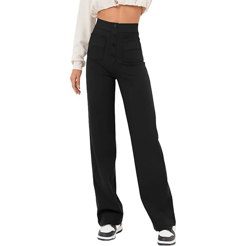 High Waist Trousers With Pockets Casual Loose Wide Leg Button Straight Pants Women's Clothing Overview: Unique design, stylish and beautiful. Good material, comfortable wear. A variety of colors, any choice. Product information: Color: black, gray, khaki,