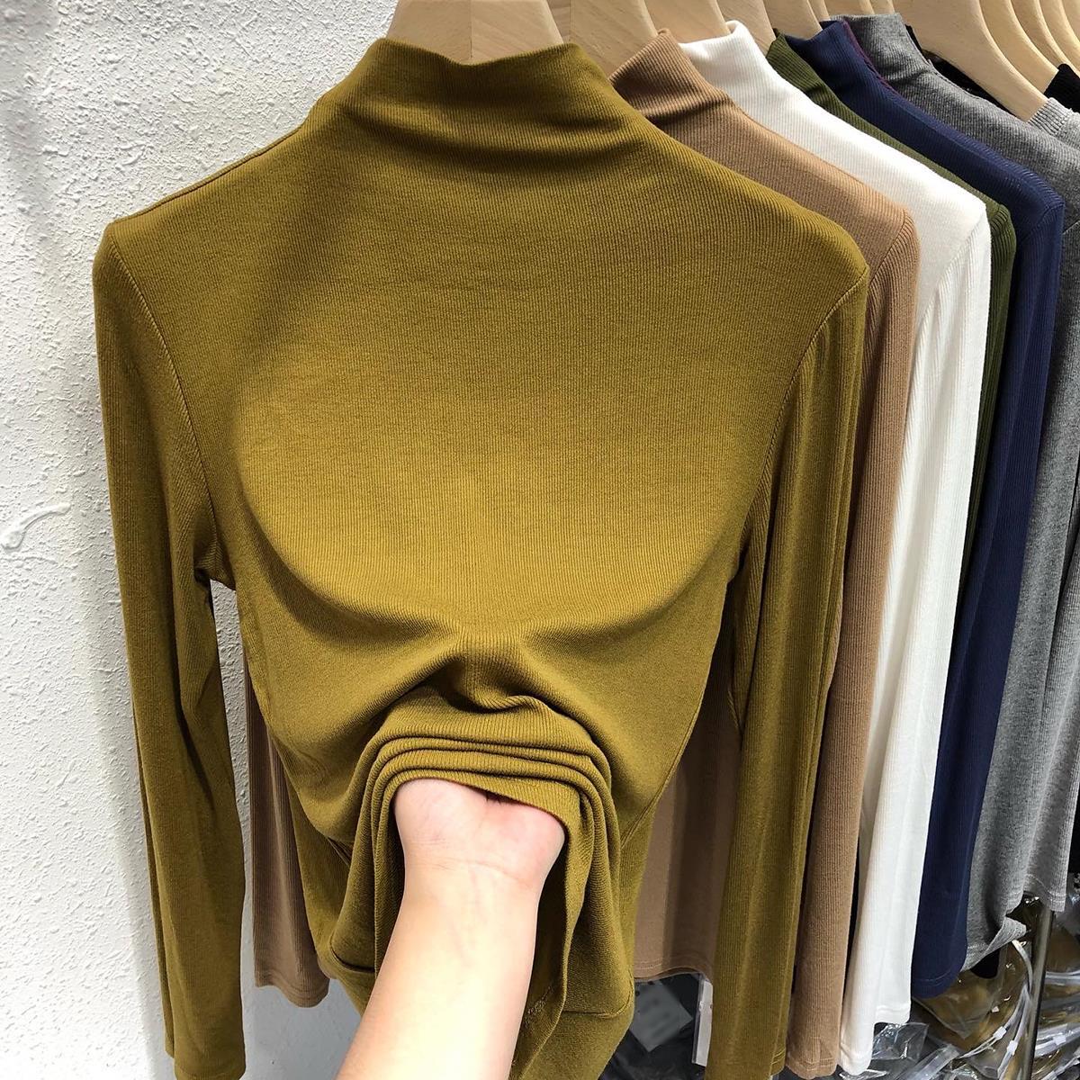 Half Turtleneck Bottoming Shirt Women's Inner Threaded Long Sleeve Cotton Top Product information: Fabric name: Cotton Color: black, green, gray, white, brown, dark yellow, khaki Sleeve type: regular sleeve Elasticity: high elasticity Main fabric composit