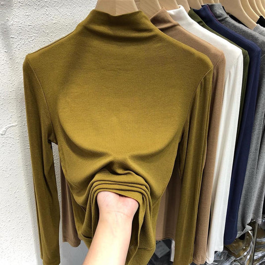 Half Turtleneck Bottoming Shirt Women's Inner Threaded Long Sleeve Cotton Top Product information: Fabric name: Cotton Color: black, green, gray, white, brown, dark yellow, khaki Sleeve type: regular sleeve Elasticity: high elasticity Main fabric composit