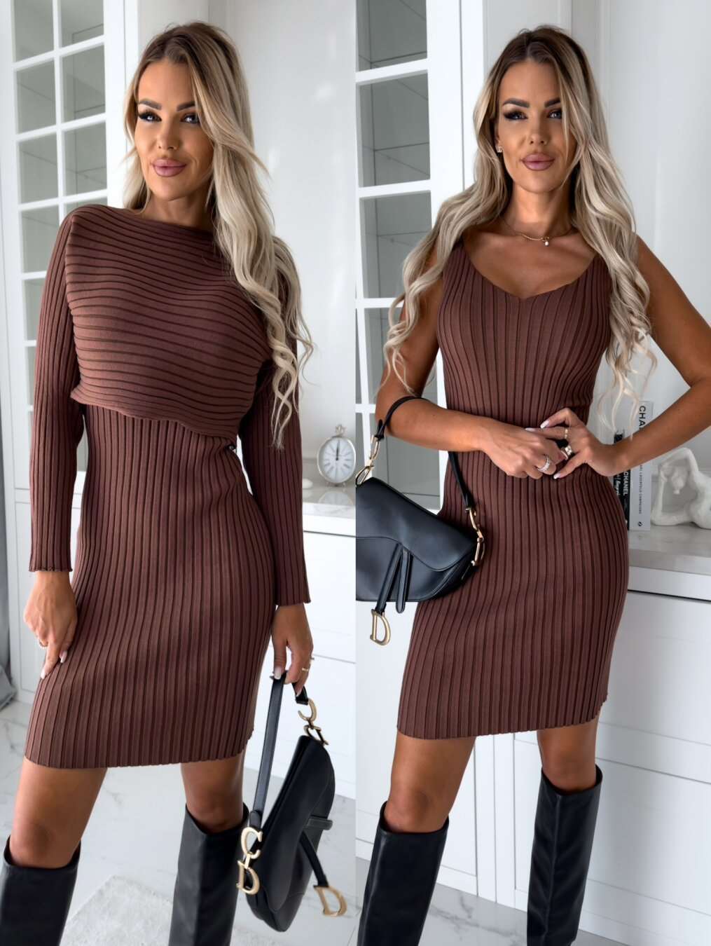 2pcs Suit Women's Solid Stripe Long-sleeved Top And Tight Suspender Skirt Fashion Autumn Winter Slim Clothing Overview: Unique design, stylish and beautiful. Good material, comfortable wear. A variety of colors, any choice. Product information: Size: S,M,