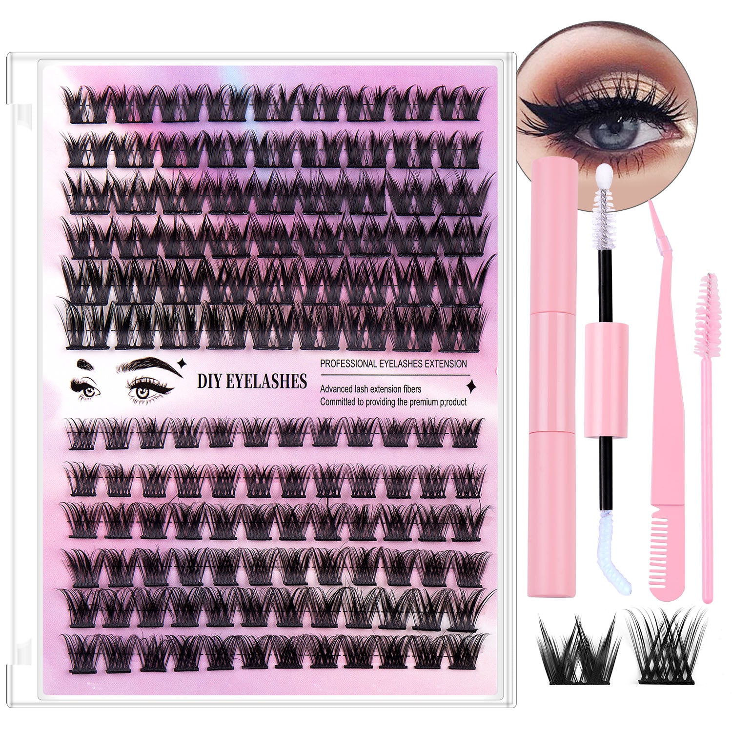 Segmented Hairy Fishtail Wheat Lazy Trilogy False Eyelashes Product information: Material: Artificial fiber Size: 12.3*20.2 * 2cm Specifications:Style 1:DIY-set-020,Style 2:DIY-set-020 pink tweezers,Style 3:DIY-set-020 pink brush,Style 4:DIY-set-020 pink