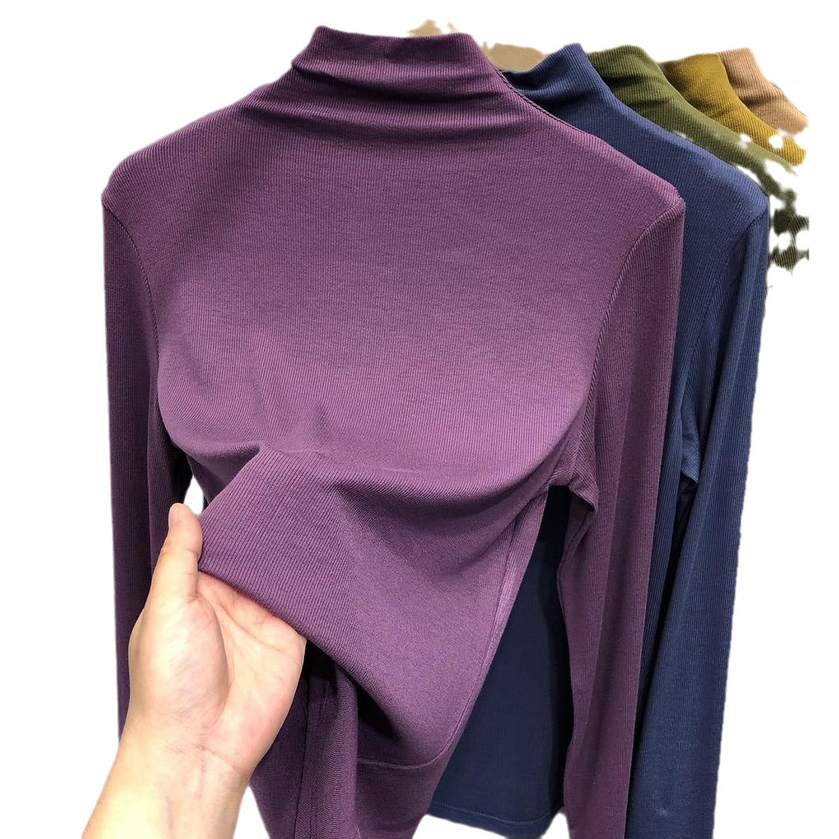 Half Turtleneck Bottoming Shirt Women's Inner Threaded Long Sleeve Cotton Top Product information: Fabric name: Cotton Color: black, green, gray, white, brown, dark yellow, khaki Sleeve type: regular sleeve Elasticity: high elasticity Main fabric composit