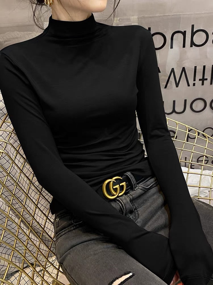 Half Turtleneck Bottoming Shirt Women's Inner Threaded Long Sleeve Cotton Top Product information: Fabric name: Cotton Color: black, green, gray, white, brown, dark yellow, khaki Sleeve type: regular sleeve Elasticity: high elasticity Main fabric composit