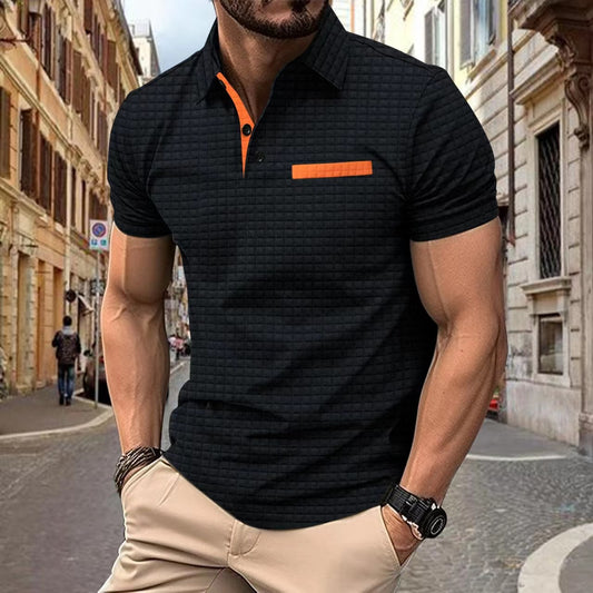 Button Jacquard Plaid Men's Sports Polo Shirt Men Product information: Pattern: Plaid Color: black, light gray, orange, navy blue, dark gray, white Details of clothing style: Slit Size: S,M,L,XL,XXL,XXXL Version: Loose Applicable scenarios: Leisure Main f