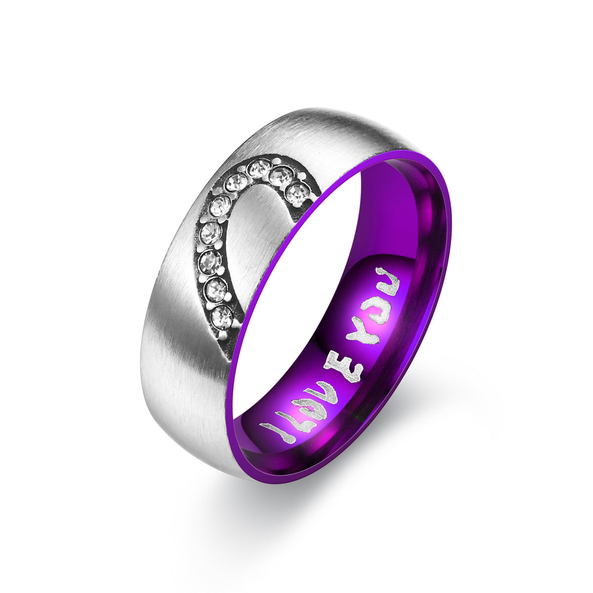 Heart Shape With Diamond Stainless Steel I LOVE YOU Couple Ring Product information: Style: Couple ring Treatment Process: Electroplating Color: blue men's love, purple Women's diamond-embedded Size: no.6, no.7, no.8, no.9, no.10, no.11, no.12 Material: S