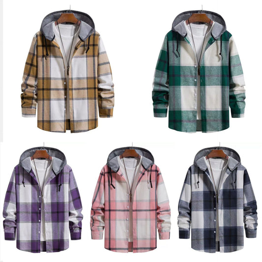 Korean Style Trendy Hooded Shirt Casual Men's Clothing Product information: Pattern: Plaid Color: green, pink, purple, khaki, navy blue Size: S,M,L,XL,2XL,3XL,4XL,5XL,6XL Style: Cardigan Fabric name: Chemical Fiber blend Style: Korean style Process: non-i