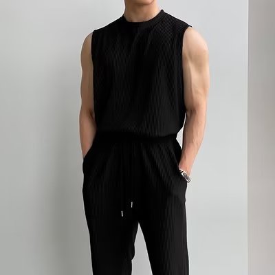 Men's Summer Tank Top Sleeveless T-shirt Sportswear Two-piece Suit Product information: Thickness: ordinary Fabric name: Other Applicable scenarios: Leisure Color: t14 black suit, t14 beige suit, t14 black top, t14 beige coat, k14 black pants, k14 apricot