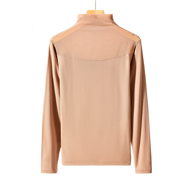 Autumn And Winter Half-high Collar Mesh Thin Transparent T-shirt Lace Top For Women Product information: Fabric name: Regenerated Cellulose fiber Color: pink, khaki, red, white, black Sleeve type: regular sleeve Elastic force: medium elastic Main fabric c