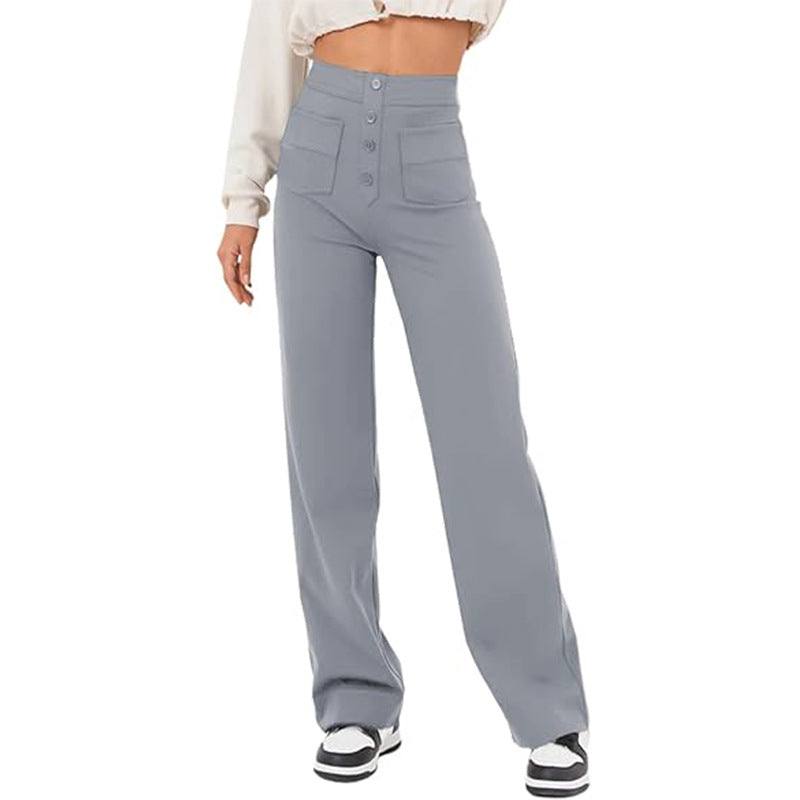 High Waist Trousers With Pockets Casual Loose Wide Leg Button Straight Pants Women's Clothing Overview: Unique design, stylish and beautiful. Good material, comfortable wear. A variety of colors, any choice. Product information: Color: black, gray, khaki,
