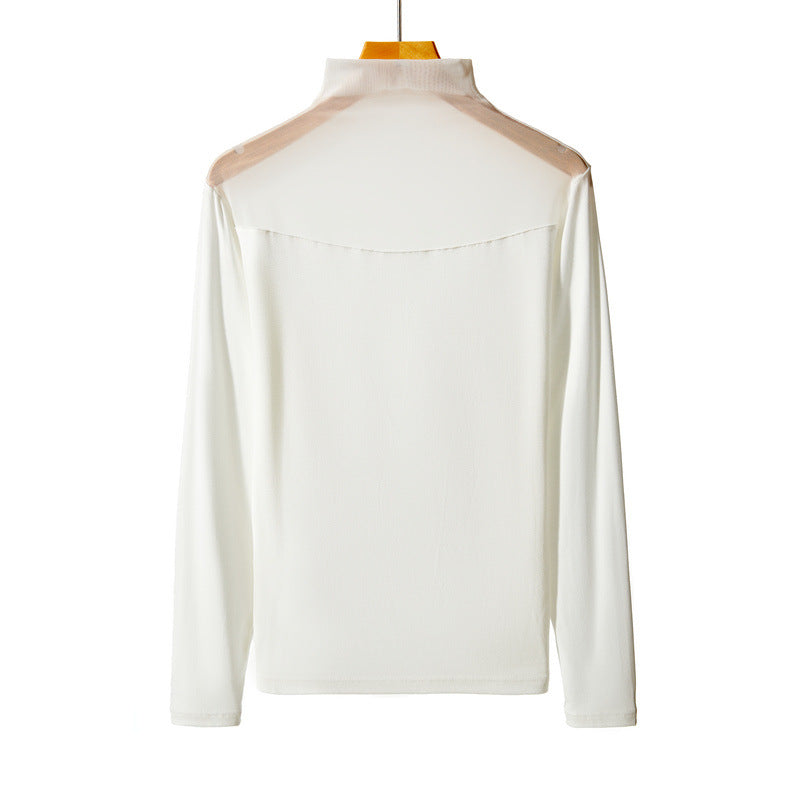 Autumn And Winter Half-high Collar Mesh Thin Transparent T-shirt Lace Top For Women Product information: Fabric name: Regenerated Cellulose fiber Color: pink, khaki, red, white, black Sleeve type: regular sleeve Elastic force: medium elastic Main fabric c