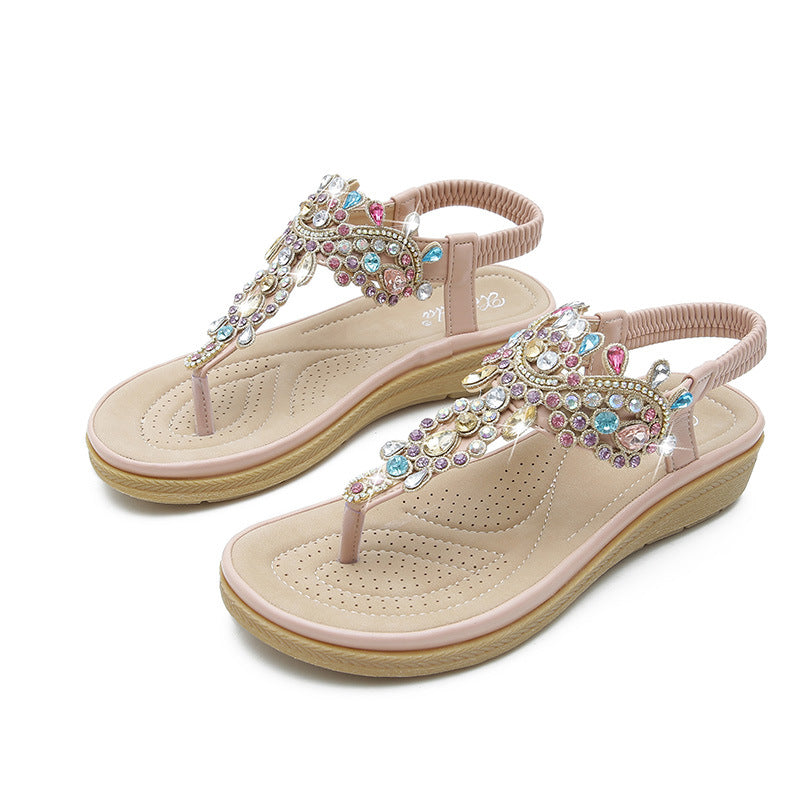 Bohemian L Fashion Rhinestone Flat Sandals Product information: Pattern: Ethnic Lining material: Microfiber Color: black, pink Upper height: low top Processing Method: spot drill Size: 36, 37, 38, 39, 40, 41 Sole craft: viscose shoes Sole material: rubber