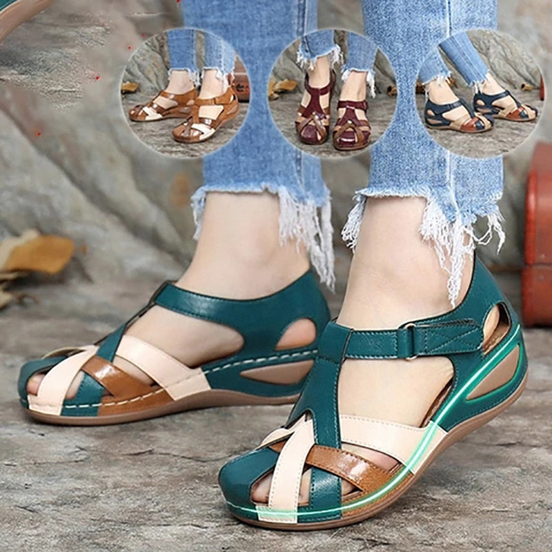 Summer Sandals Waterproof Mixed-color Design Wedges Shoes Women Product information: Style: Retro Style Popular elements: hollow, stitching Inventory type: whole order Upper Material: Artificial PU Cortical features: sheepskin Size Information: packing li