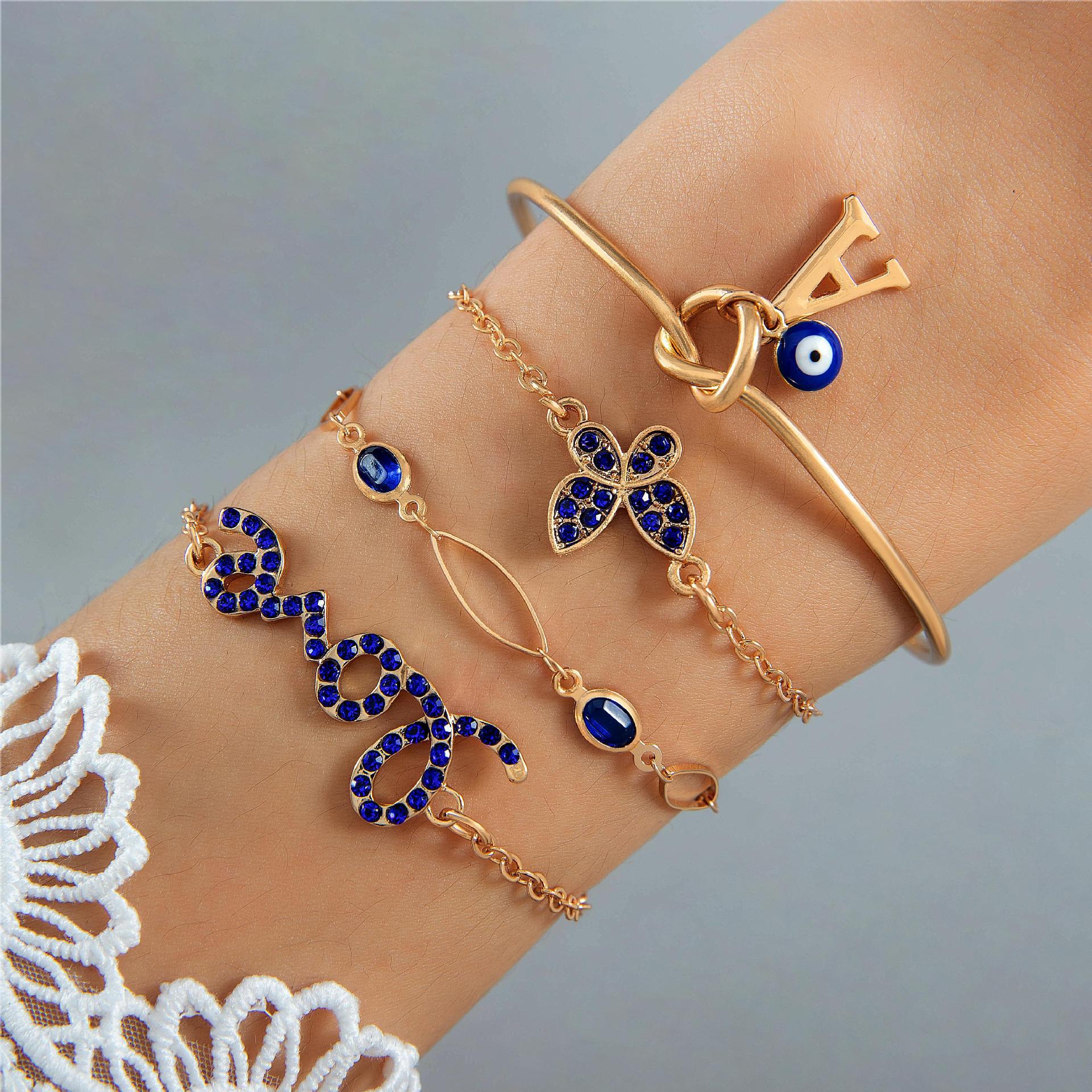 4pcs Blue Flower Love Butterfly Bracelet Set With Rhinestones Design Valentines Day Overview: Unique design, stylish and beautiful. Good material, comfortable wear. A variety of colors, any choice. Product information: Material:Alloy Processing: Electropl