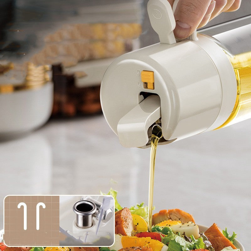 2 In 1 Oil Sprayer Bottle BBQ Cooking Oil Dispenser Olive Oil Pourers Sprayer Kitchen Baking Oil Mister Vinegar Bottle Overview: 1. Automatic Opening and Closing: The Olive Oil Spray Bottle lets you pour oil with a single hand. It has a smart design that