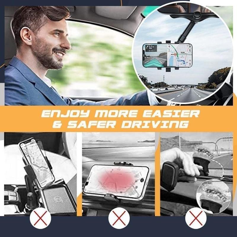Rearview Mirror Phone Holder For Car Rotatable And Retractable Car Phone Holder Multifunctional 360 Rear View Mirror Phone Holder Suitable For All Mobile Phones And All Car Overviews: 【NO MORE LOOKING DOWN】- The car phone holder is mounted on the rearview