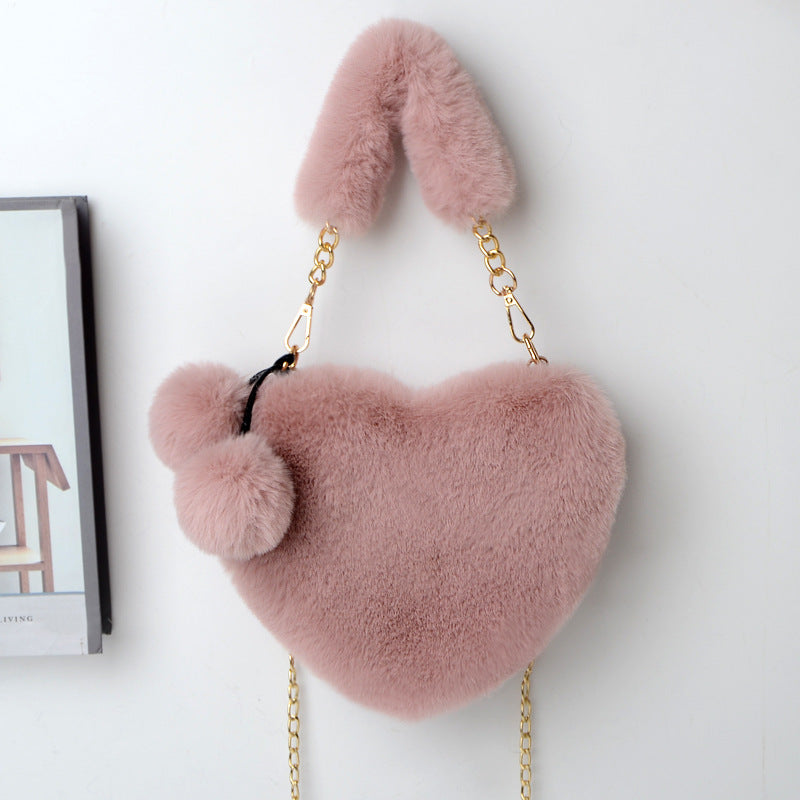 Love Bags Soft Plush Handbags Women Valentine's Day Party Bag Product information: Style: fresh and sweet Material: plush Luggage trend style: fur bag Bag size: medium Lining texture: synthetic leather Bag shape: heart Opening method: zipper Pattern: soli