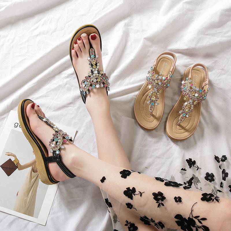 Bohemian L Fashion Rhinestone Flat Sandals Product information: Pattern: Ethnic Lining material: Microfiber Color: black, pink Upper height: low top Processing Method: spot drill Size: 36, 37, 38, 39, 40, 41 Sole craft: viscose shoes Sole material: rubber