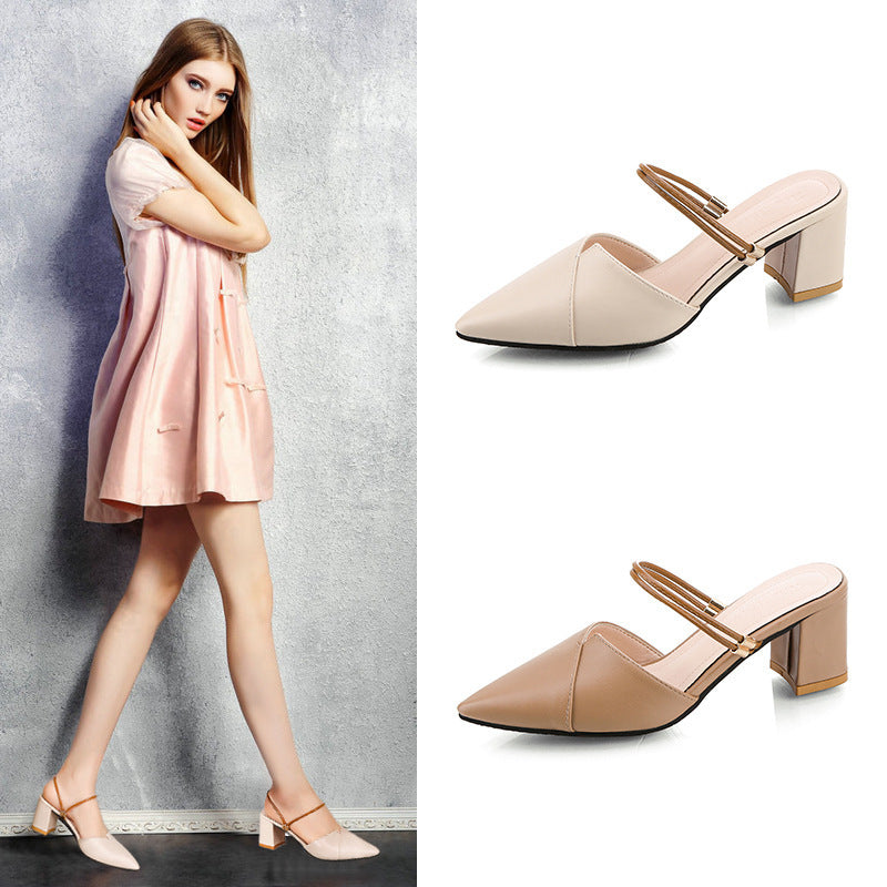 Pointed Toe Two-way Wear With Cool Half Slippers Chunky Heel Sandals Product information: Lining material: PU Color: beige, apricot Upper height: low top Heel height: mid heel (3-5CM) Heel shape: chunky heel Size: 35,36,37,38,39,40,41,42 Sole craft: visco
