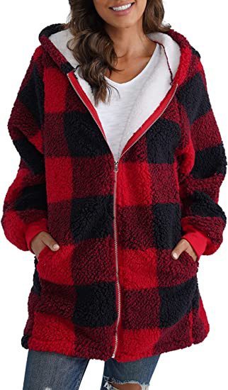 European And American Plush Women's Coat Long Sleeved Plaid Product information: Main fabric composition: polyester (polyester fiber) Pattern: Checker Version: loose Collar type: hooded Sleeve length: long sleeve Color: black and white, gray white, khaki,