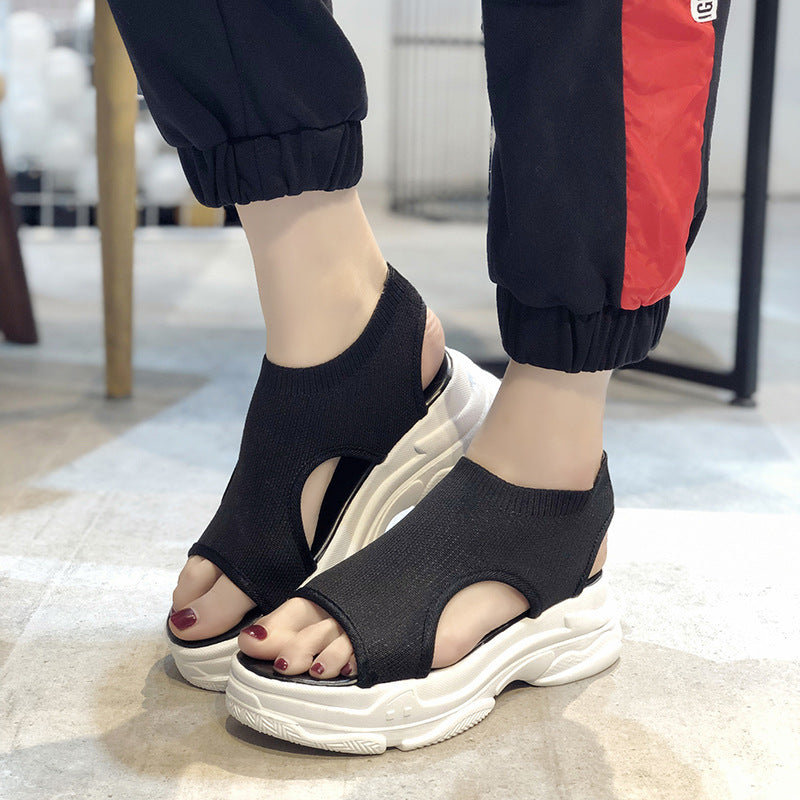 Flying Woven Sandals Women's New Summer Flat-Bottomed Style Comfortable Elastic Thick-Soled Sports Fish Mouth Shoes Large Size Factory Product information: Product category: sports sandals Applicable age: adult Upper Material: Artificial PU Sole Material: