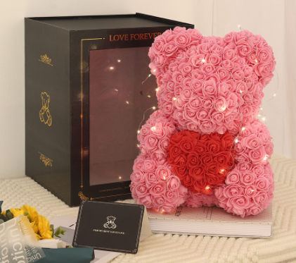 Valentine's Day Gift Rose Bear Eternal Flower Rose Teddy Bear PE Foam Bear 25cm Valentines Day Overview: Rose Bear — The rose bear is about 10*7*7 inches (length*width*height). This eternal rose bear symbolizes eternal love, affection, friendship and stab