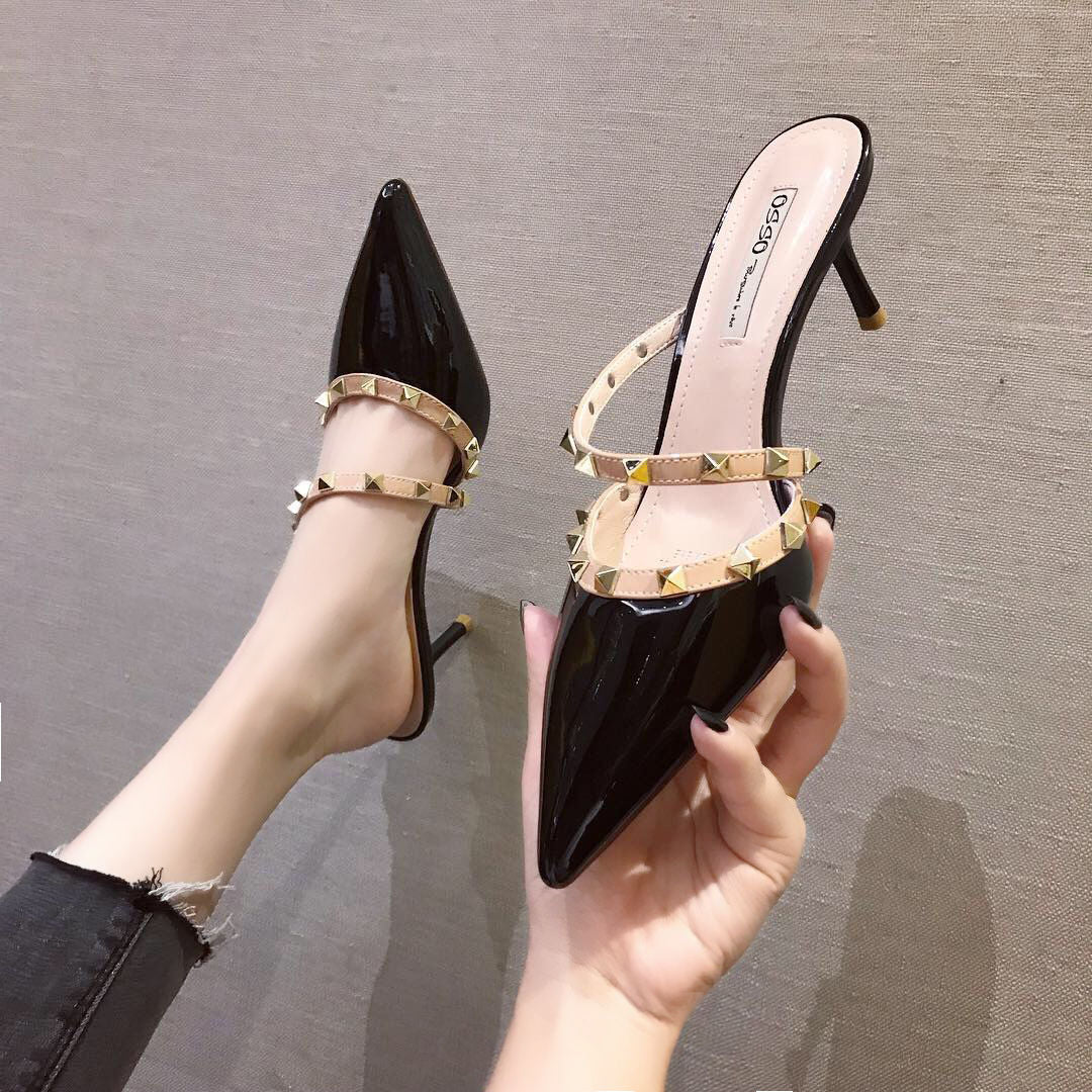New Fashion Pointed Head Fine Heel High With A Word With Rivets Sandals Overview: Unique design, stylish and beautiful. Good material, comfortable feet. A variety of colors, any choice. Specification: Upper material:PU Sole material:Rubber Applicable Gend