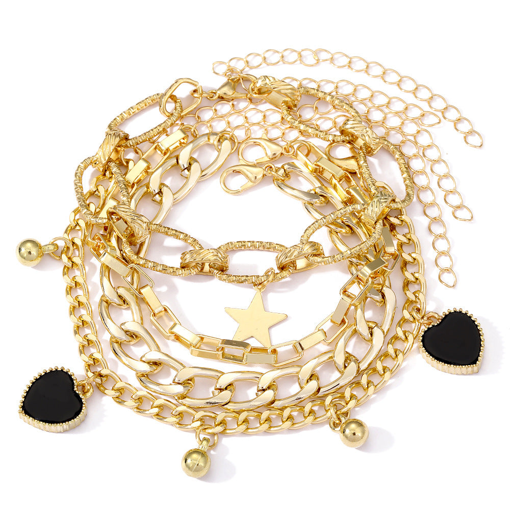 Black Peach Heart Bracelet Retro Simple Multi-layer Product information: Treatment Process: Electroplating Applicable population: Female Material: Alloy Shape: Star Popular elements: five-pointed star, chain, love/heart-shaped Packing list: Bracelet * 1 s