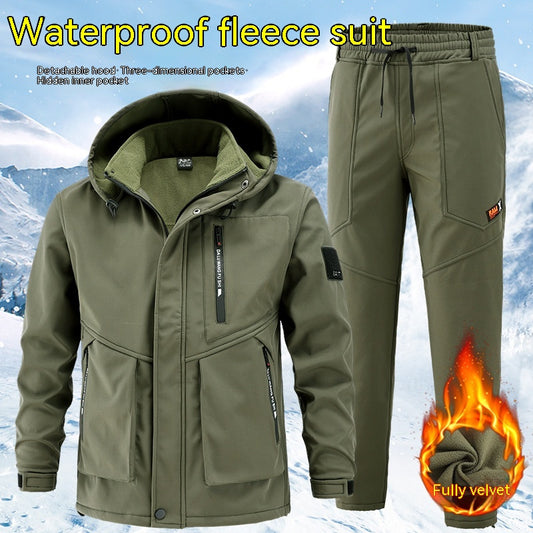 Men's Cold-proof Warm With Velvet Thick Work Clothes Suit Product information: Pattern: solid color Material: Polyester Lining: polar fleece Fabric: polar fleece Function: breathable, waterproof, warm, wear-resistant, windproof Waterproof coefficient: 100
