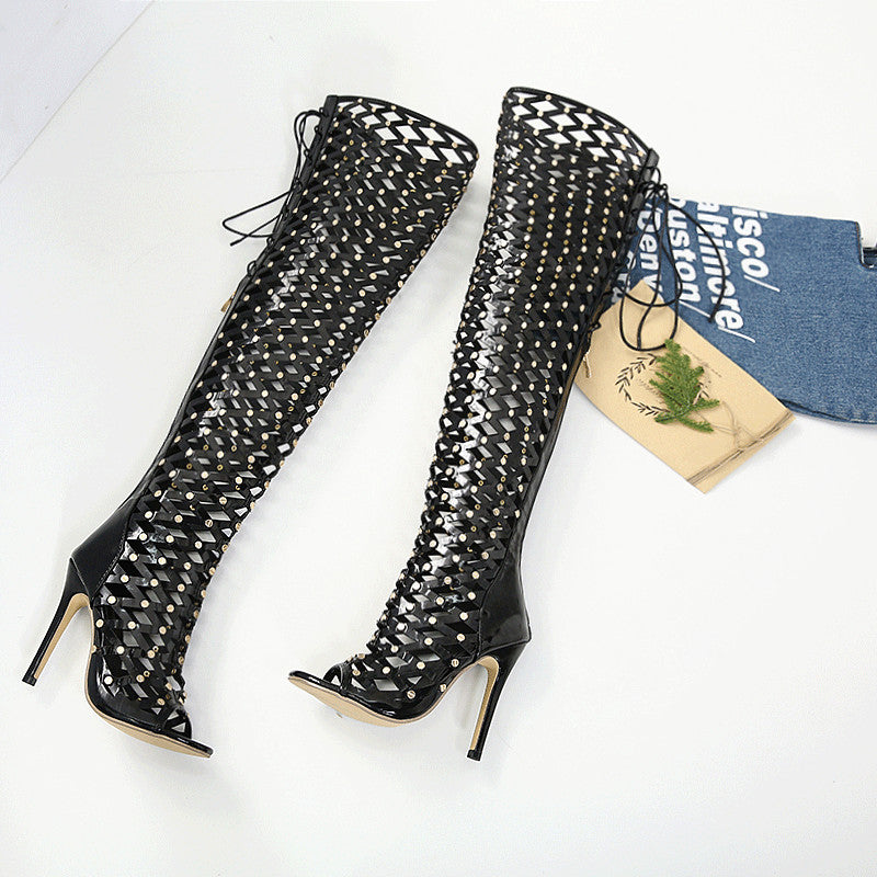Women's Fashion Hollowed-out High Heel Sandal Boots Product information: Pattern: solid color Color: Black Size: 35, 36, 37, 38, 39, 40 Applicable Gender: Female Shoe Upper material: mesh fabric Heel height: 11.5CM Waterproof platform: 1CM Sock length: 55