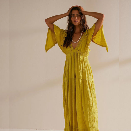 European And American Leisure Fashion Summer V-neck Loose Long Dress Product information: Pattern: solid color Skirt type: Princess dress Color: white, black, brown, champagne, glitter, lemon yellow Waist type: wide waist Size: S,M,L Style type: street fa
