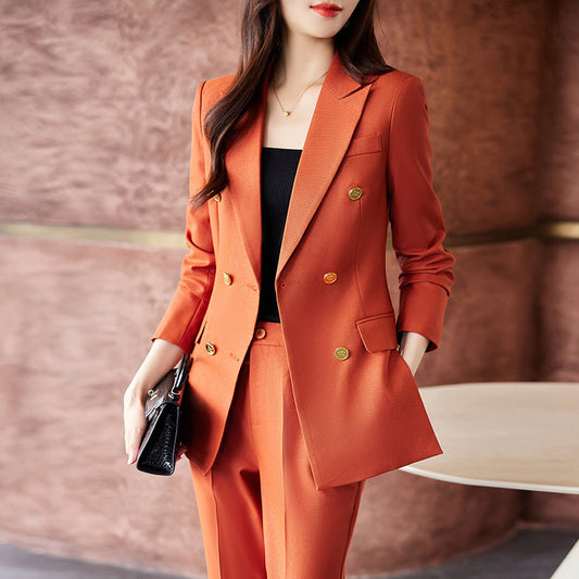 Caramel Suit Women's Fashion Temperament Double Breasted High Sense Slim Fit Suits Product information: Fabric name: Polyester Color: black suit, yellow suit, caramel suit, black suit pants, yellow suit pants, caramel suit pants Sleeve type: regular sleev