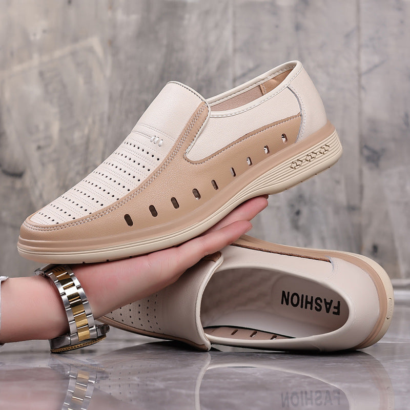 Men's Leather Shoes Casual Leather Shoes Hollow Soft Bottom Soft Leather Non-slip Middle-aged People's Shoes Product information: Lining material: pigskin Color: white【 hollow hole], white【 Four Seasons]] Size: 38,39,40,41,42,43,44 Sole material: rubber S
