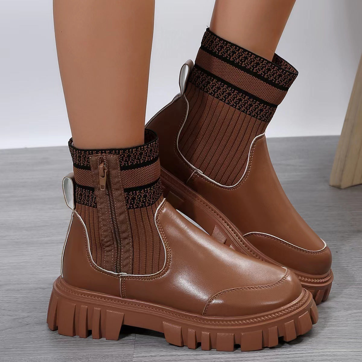 Fashion Mid-tube Boots With Zipper Design Non-slip Thick Sole Elastic Knitted Patchwork Boots For Women Round Toe Shoes Winter Overview: Unique design, stylish and beautiful. Good material, comfortable feet. A variety of colors, any choice. Specification: