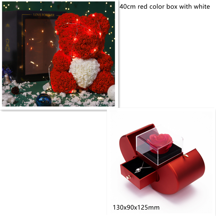 Valentine's Day Gift Rose Bear Eternal Flower Rose Teddy Bear PE Foam Bear 25cm Valentines Day Overview: Rose Bear — The rose bear is about 10*7*7 inches (length*width*height). This eternal rose bear symbolizes eternal love, affection, friendship and stab