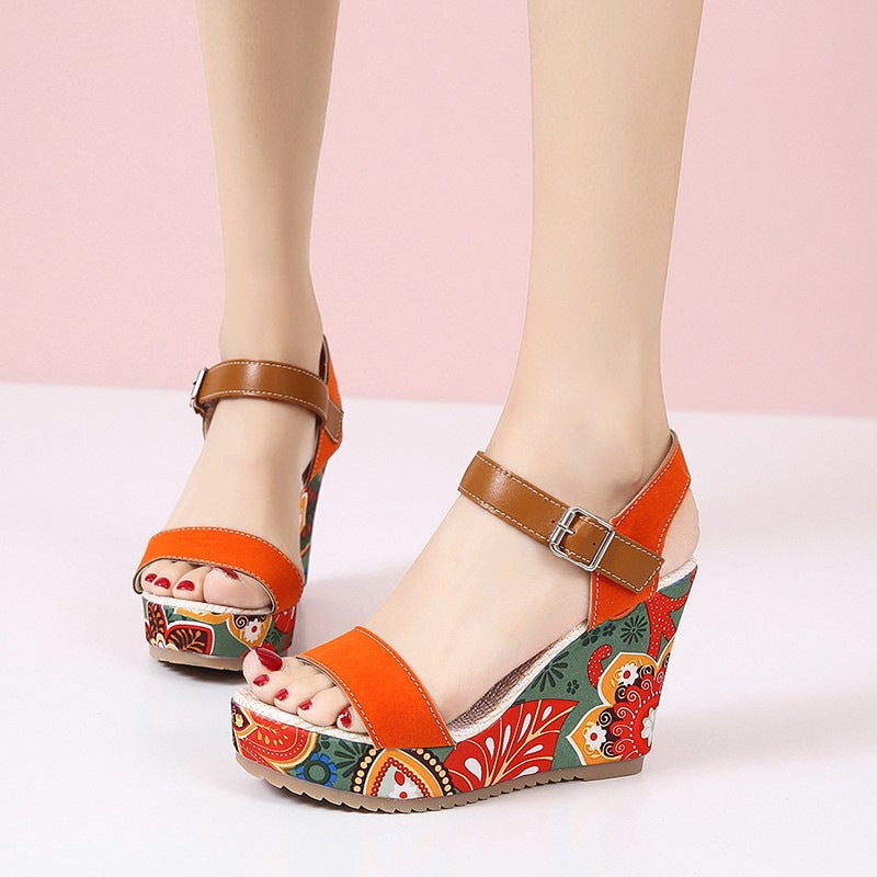 Fashion Flowers Embroidered High Wedge Sandals For Women Summer Toe Platform Buckle Shoes Overview: Unique design, stylish and beautiful. Good material, comfortable wear. A variety of colors, any choice. Product information: Upper Material:PU Toe shape: r