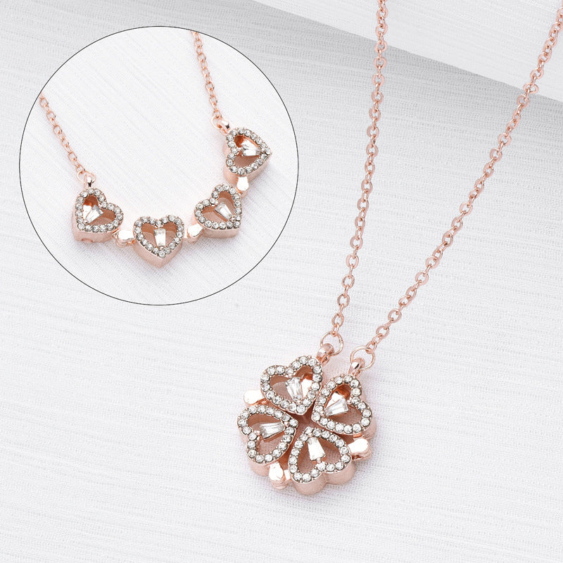 Retro Magnetic Folding Heart Shaped Four Leaf Clover Pendant Necklace Women Love Clavicle Chain Gifts Openable Choker Jewelry Overview: Retro magnetic folding heart shaped four leaf clover necklace, 4-in-1 design, multi wearing models, the first model is