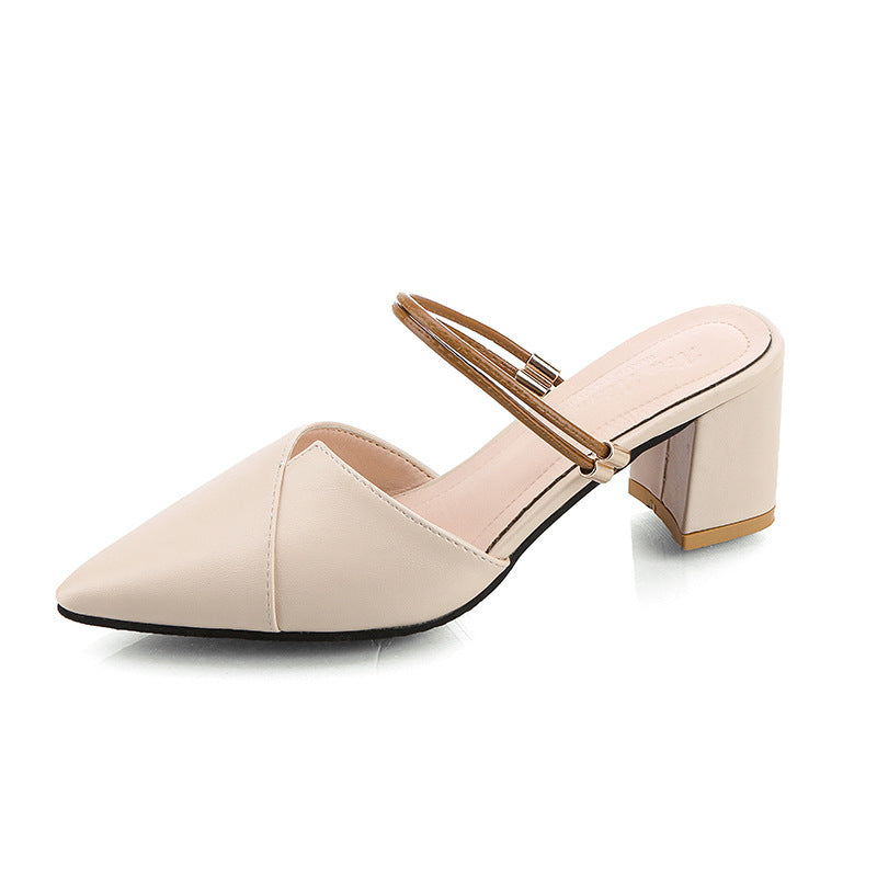 Pointed Toe Two-way Wear With Cool Half Slippers Chunky Heel Sandals Product information: Lining material: PU Color: beige, apricot Upper height: low top Heel height: mid heel (3-5CM) Heel shape: chunky heel Size: 35,36,37,38,39,40,41,42 Sole craft: visco