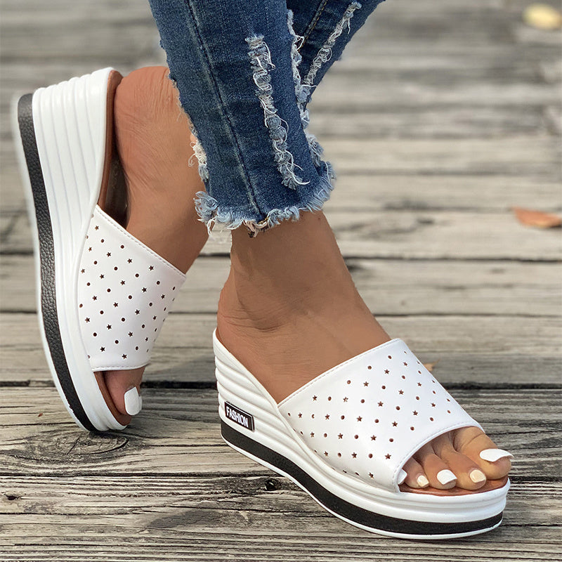 Fish Mouth Wedges Sandals Summer Fashion Hollow Design High Heels Slides Slippers Casual Beach Shoes For Women Product information: Color:white light board,black light board,black hollow,white hollow Size:36,37,38,39,40,41,42,43 Upper Material:PU Toe shap