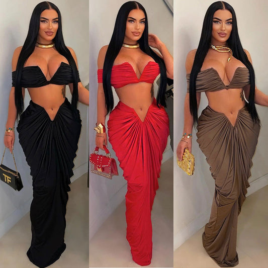 Sleeveless Tube Top Stretch Tight Mop Pleated Skirt Two-piece Set Product information: Color: black, brown, red Main fabric composition: Spandex Size: S,M,L,XL,2XL,3XL Style type: temperament commute Sleeve length: long sleeve Style: Elegant style Size: N