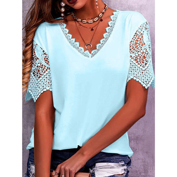 Lace Tops Women Summer Loose V Neck Short Sleeve Casual Shirts Product Information: Fabric name: polyester fiber Main fabric composition: polyester fiber (polyester) Main fabric component 2: cotton Pattern: Solid color Style: Pullover Sleeve length: Short