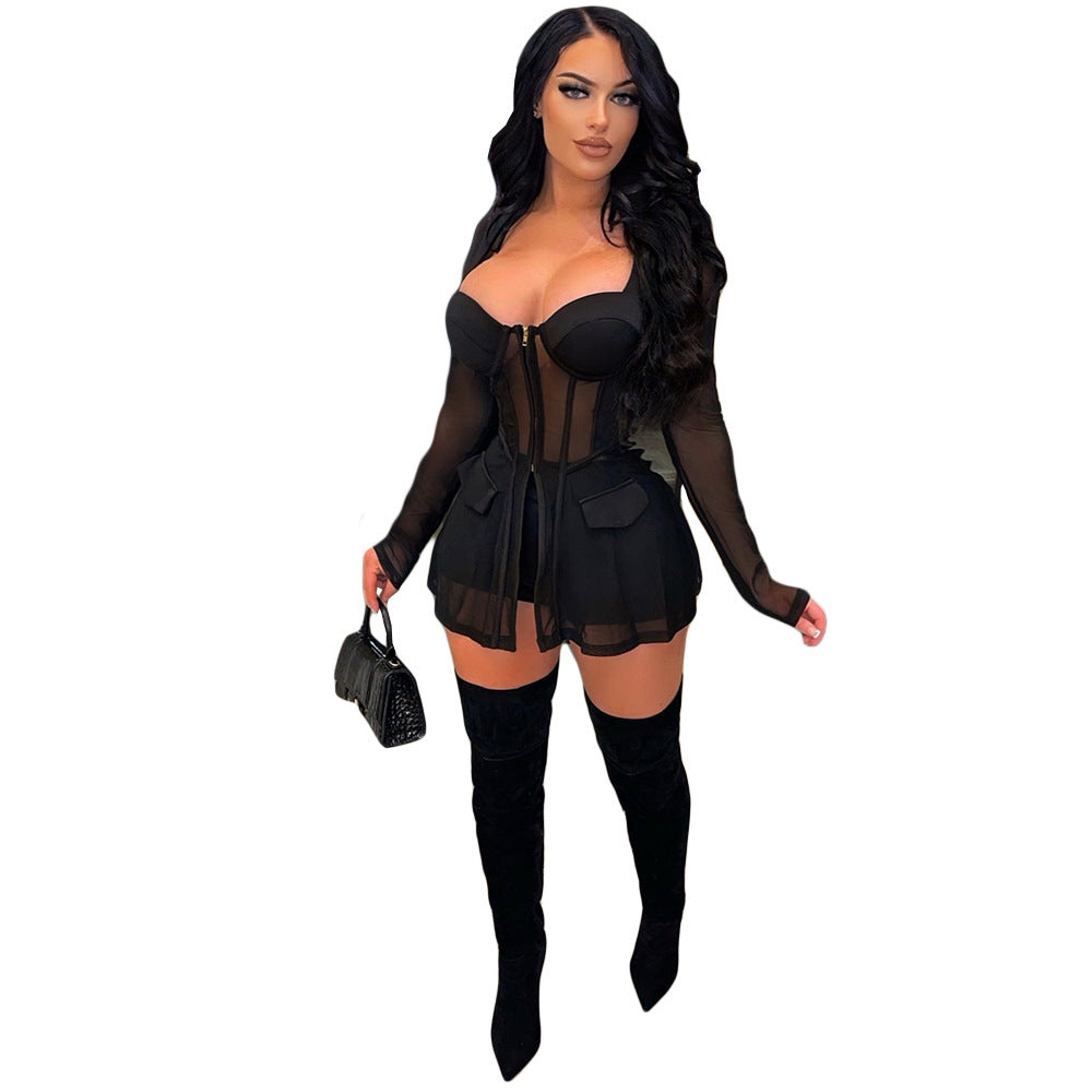 Gauze Mesh Sheer Two Piece Sportswear Women Beachwear Zip Top Black Shorts Set Product information: Style: sexy Pattern: plain Style: two-piece set Top style: lace shirt Fabric name: polyester Color: black, flesh color Size:S,M,L,XL Suitable age: 18-24 ye