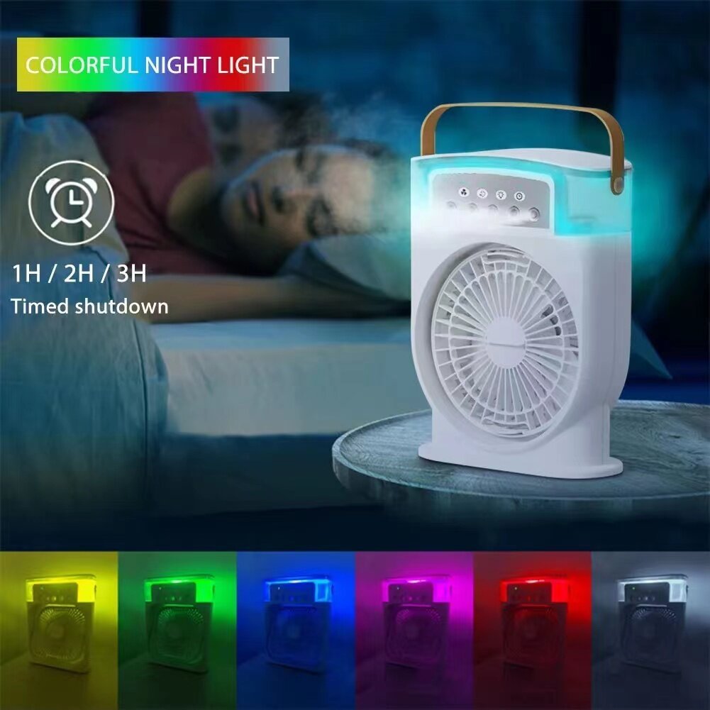 Portable USB Air Conditioner Cooling Fan With 5 Sprays 7 Color Light 600ML Water Tank Spray Mist Air Cooler Humidifiers Overview: 1. Fan And Humidifiers 2. 7 Color Led Lights 3. Leather Handle Design 4. Fan Adjustable Up And Down 5. Removable Water Tank D