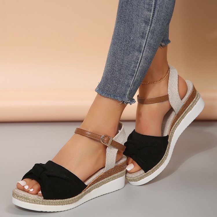 New Thick-soled Bow Sandals Summer Fashion Casual Linen Buckle Wedges Shoes For Women Product information: Upper Material: Fabric Toe Shape:Fish Mouth Sole Material: Rubber Lining Material: Microfiber Wearing Style:Buckle Size Information: Packing list: S