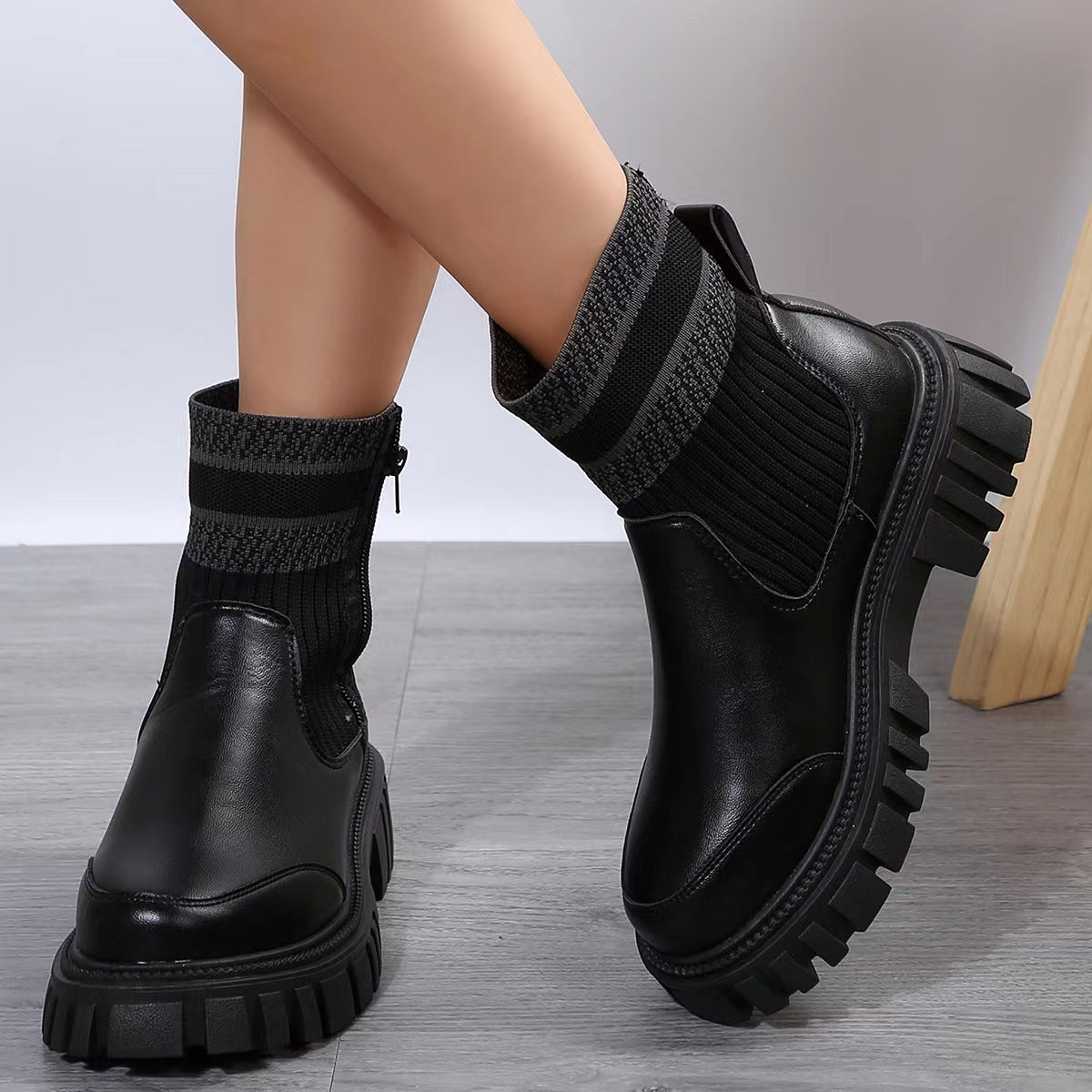 Fashion Mid-tube Boots With Zipper Design Non-slip Thick Sole Elastic Knitted Patchwork Boots For Women Round Toe Shoes Winter Overview: Unique design, stylish and beautiful. Good material, comfortable feet. A variety of colors, any choice. Specification: