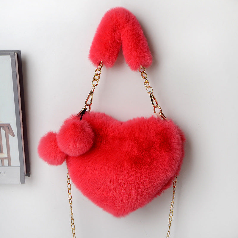 Love Bags Soft Plush Handbags Women Valentine's Day Party Bag Product information: Style: fresh and sweet Material: plush Luggage trend style: fur bag Bag size: medium Lining texture: synthetic leather Bag shape: heart Opening method: zipper Pattern: soli