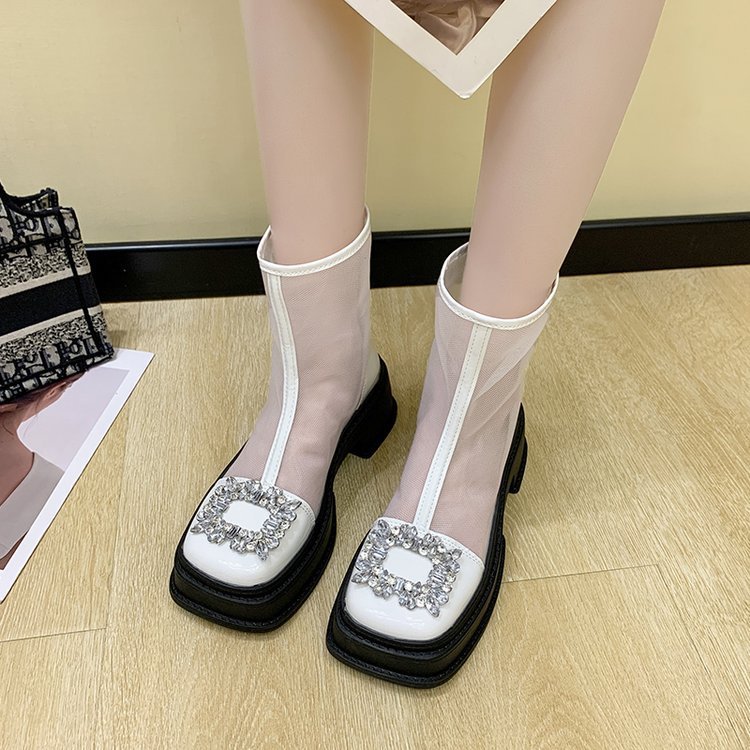 Thin Genuine Leather Mesh Thick Bottom Sandal Boots Hollow Breathable Mesh Shoes Product information: Toe bracket shape: square head Color: white, black Sole material: rubber sole Shoe Upper material: PU Size: 35, 36, 37, 38, 39 Style: European and Americ
